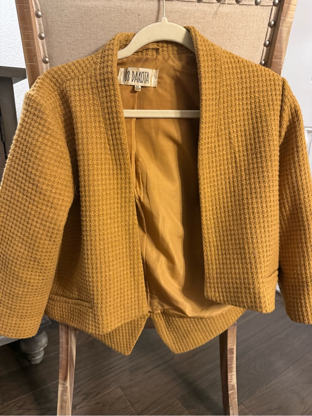 BB Dakota Mustard Textured Open-Front Cropped Blazer - Picture 1 of 5